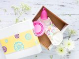 pink menstrual cup in box